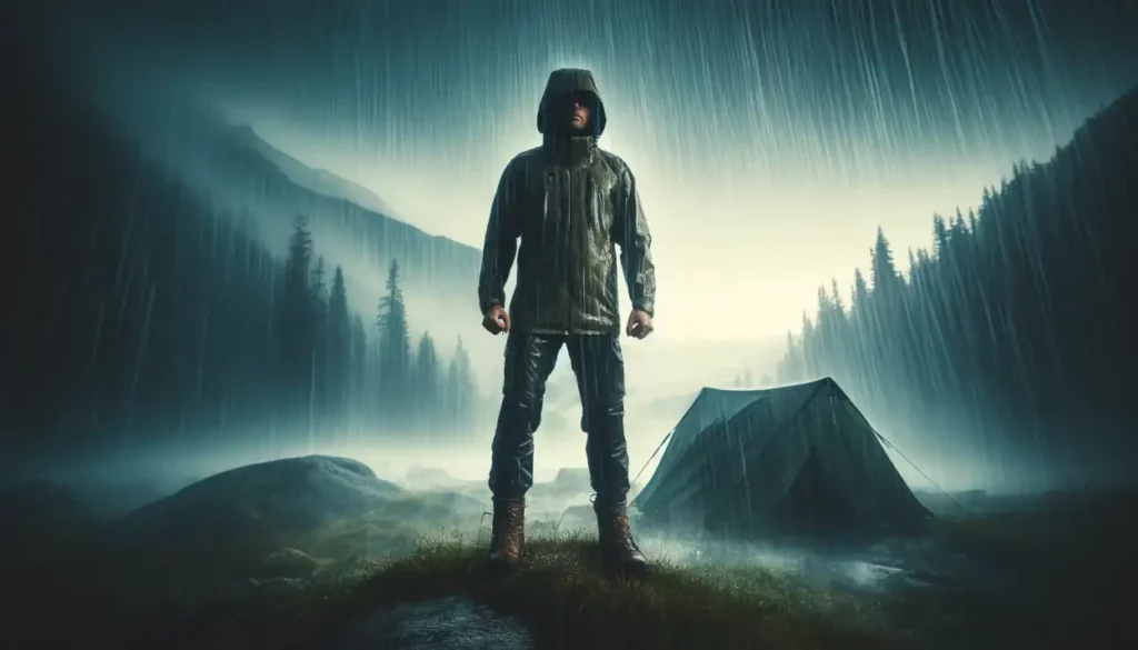 Mann steht im Regen mit Bekleidung für extreme Wetterbedingungen