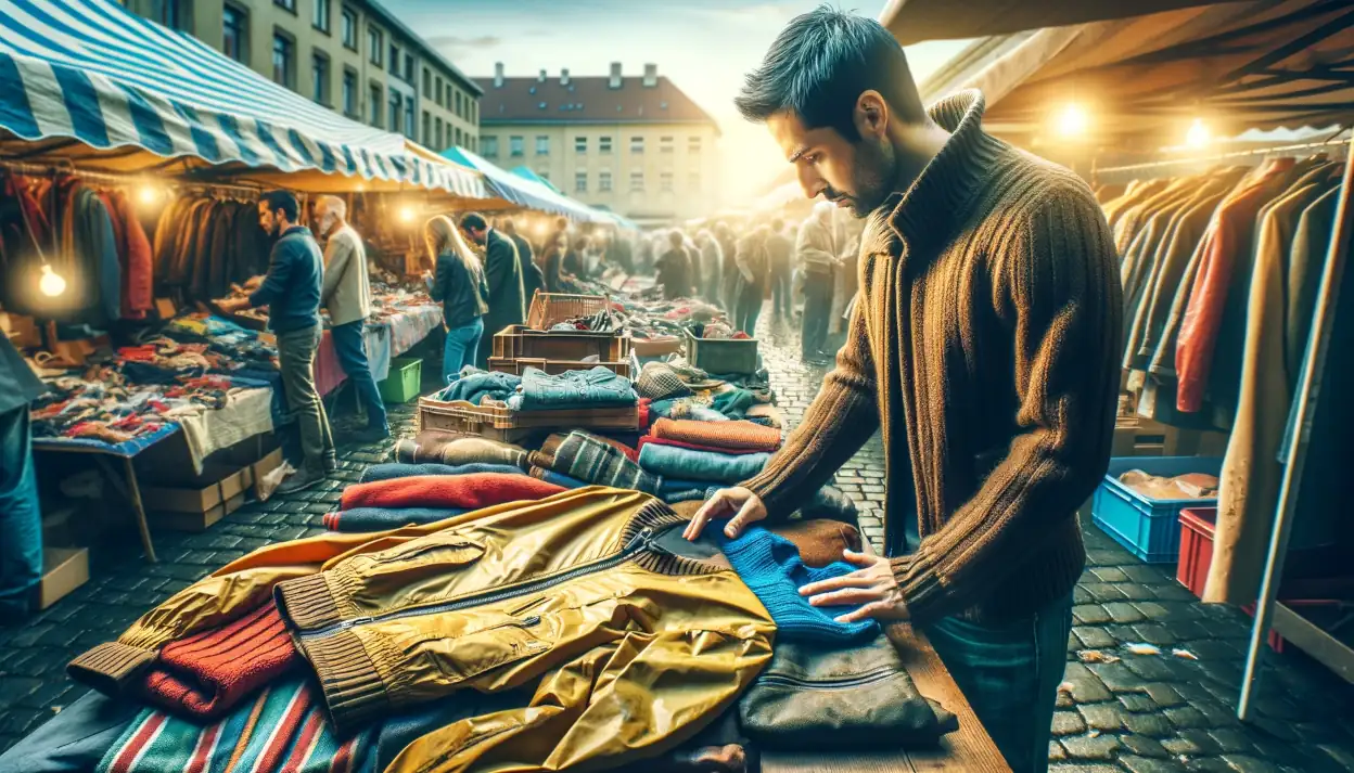 Mann am Flohmarkt betrachtet gebrauchte Regenjacke